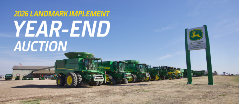 2026 LandMark Implement Year-End Auction with lineup of John Deere equipment.
